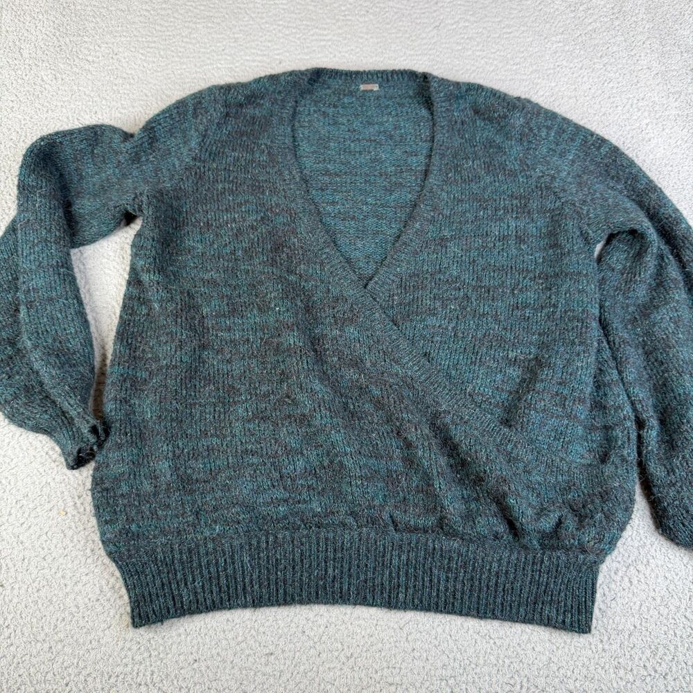 FREE PEOPLE Mohair Alpaca Sweater Womens M Green Karina Crossover Faux Wrap Wool